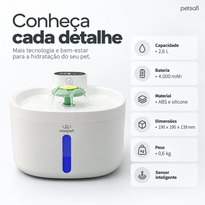 Fonte de Água para Pets 2,6 L com Sensor Inteligente e Bateria Recarregável | PetSafi