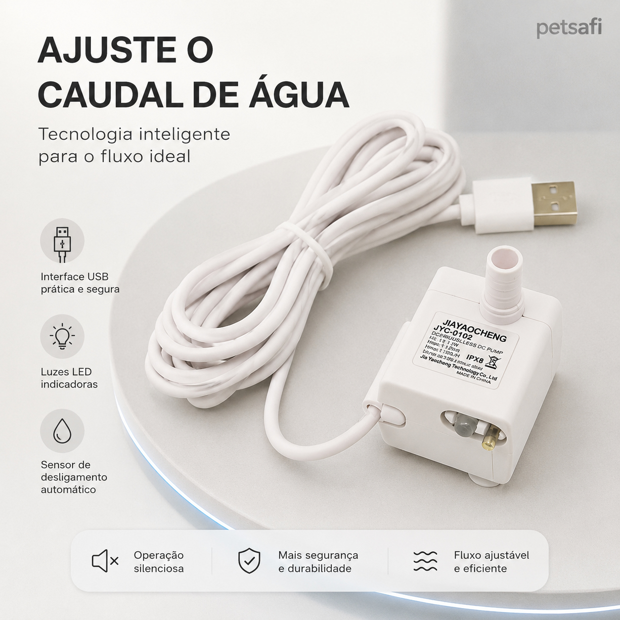 Bomba Universal USB para Fonte e Bebedouro de Pets | Silenciosa com Fluxo Ajustável