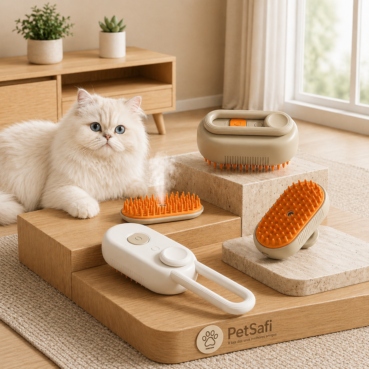 Escova a Vapor 3 em 1 para Cães e Gatos | Removedor de Pelos com Massagem e Limpeza Profunda