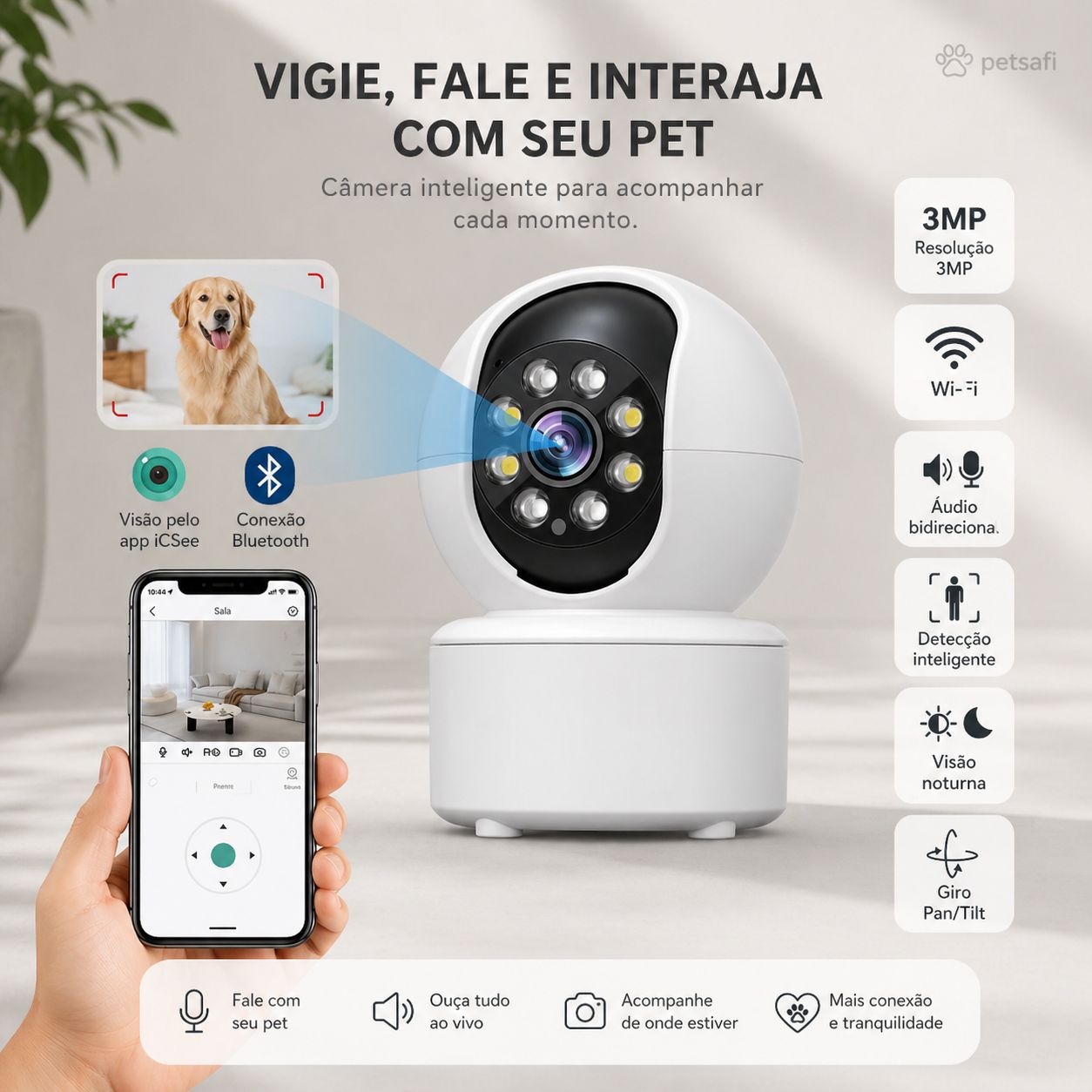 Câmera Inteligente Premium para Pets | Monitoramento 360°, Áudio e Visão Noturna pelo App