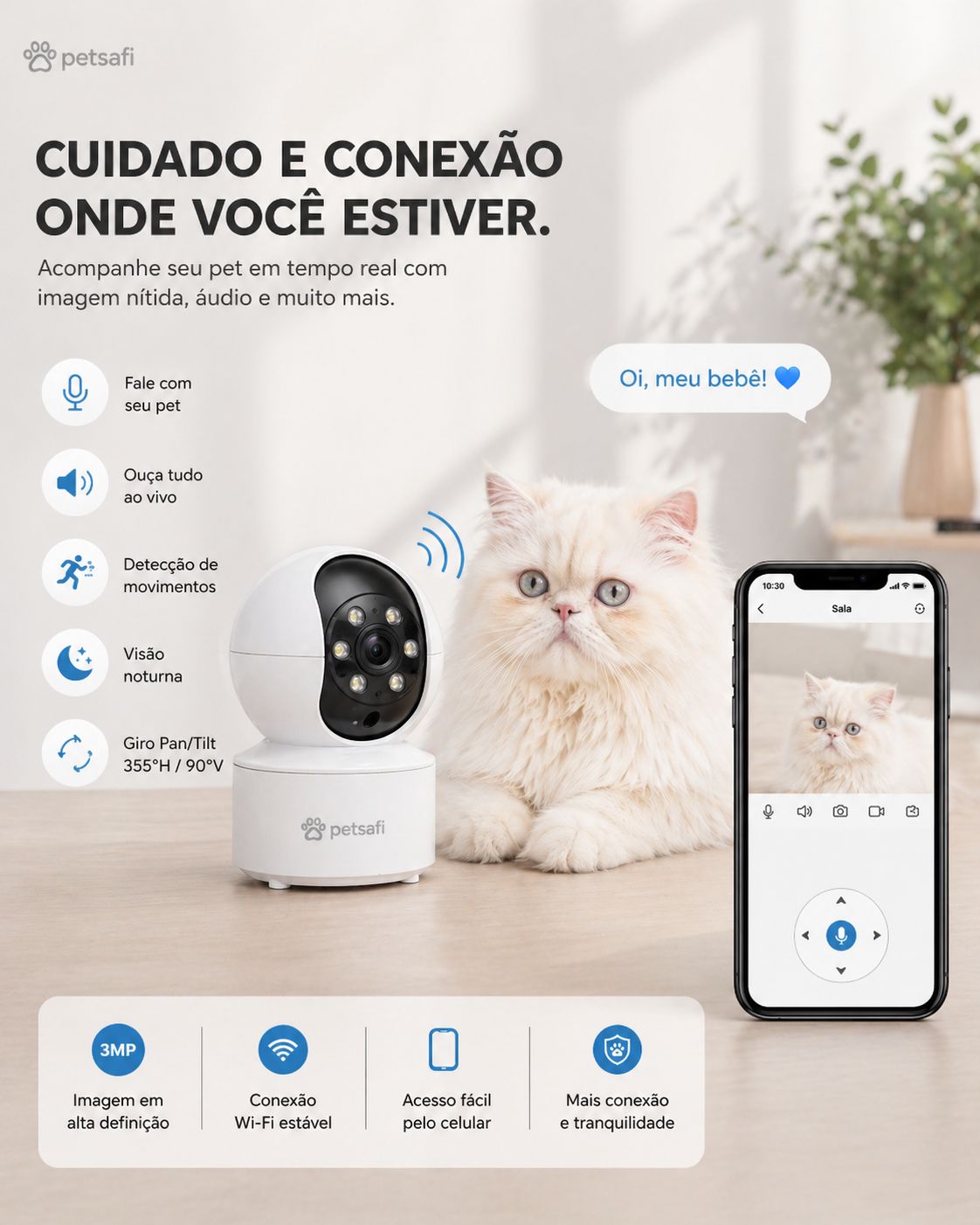 Câmera Inteligente Premium para Pets | Monitoramento 360°, Áudio e Visão Noturna pelo App