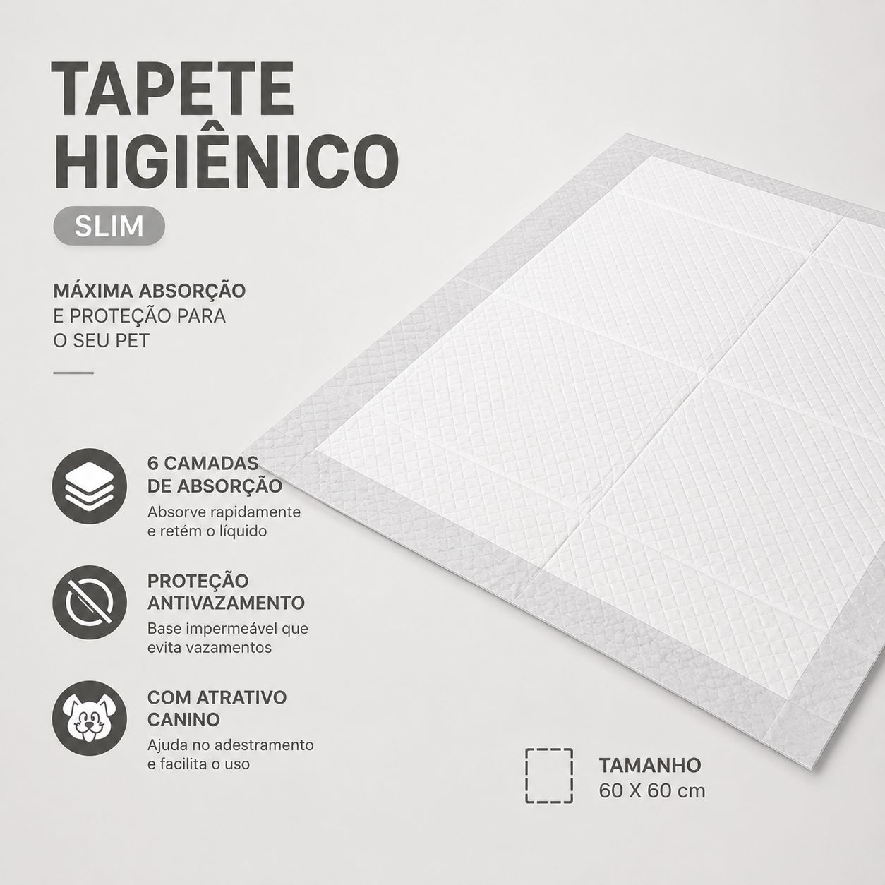 Tapete Higiênico Descartável para Cachorro Unidades 60x60 cm, 50 und - Fralda Pet Xixi Cão Pequeno Médio