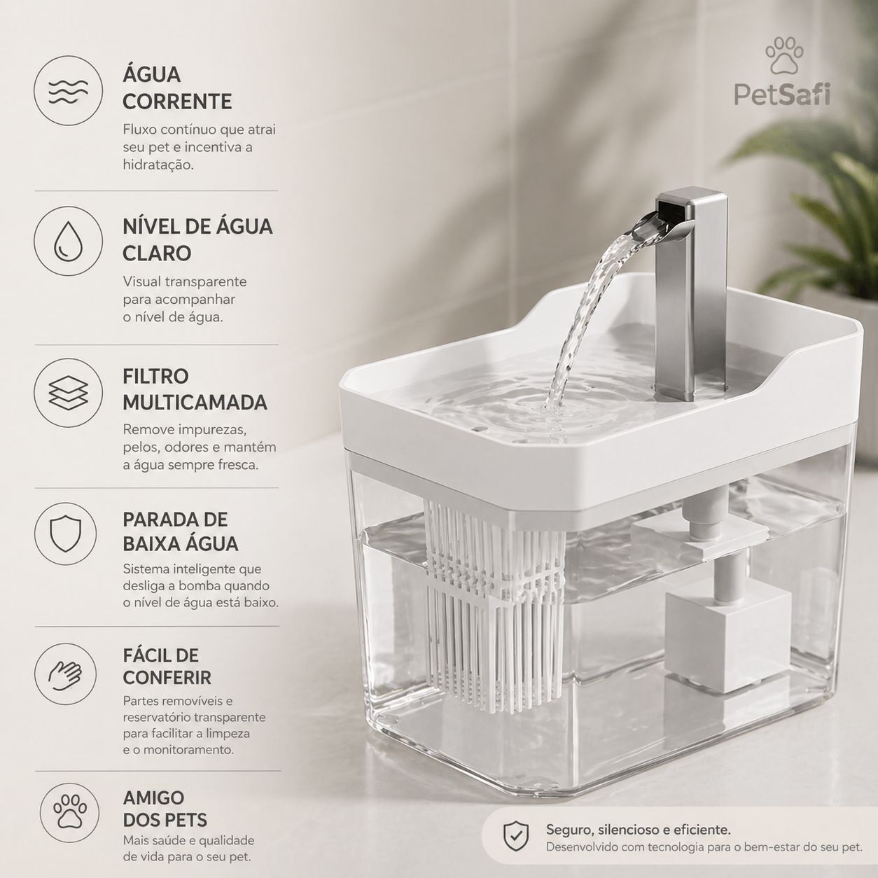 Fonte de Água para Gatos com Filtro – Dispensador USB Silencioso com Circulação Contínua para Pets
