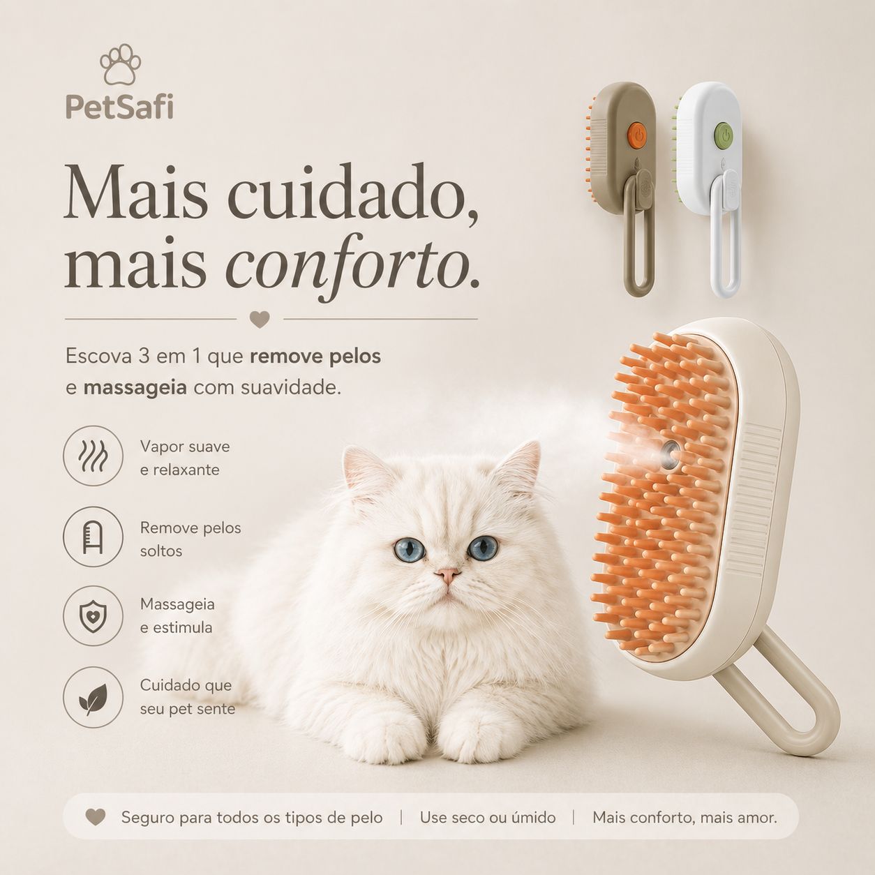 Escova a Vapor 3 em 1 para Cães e Gatos | Removedor de Pelos com Massagem e Limpeza Profunda