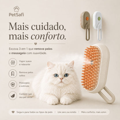 Escova a Vapor 3 em 1 para Cães e Gatos | Removedor de Pelos com Massagem e Limpeza Profunda