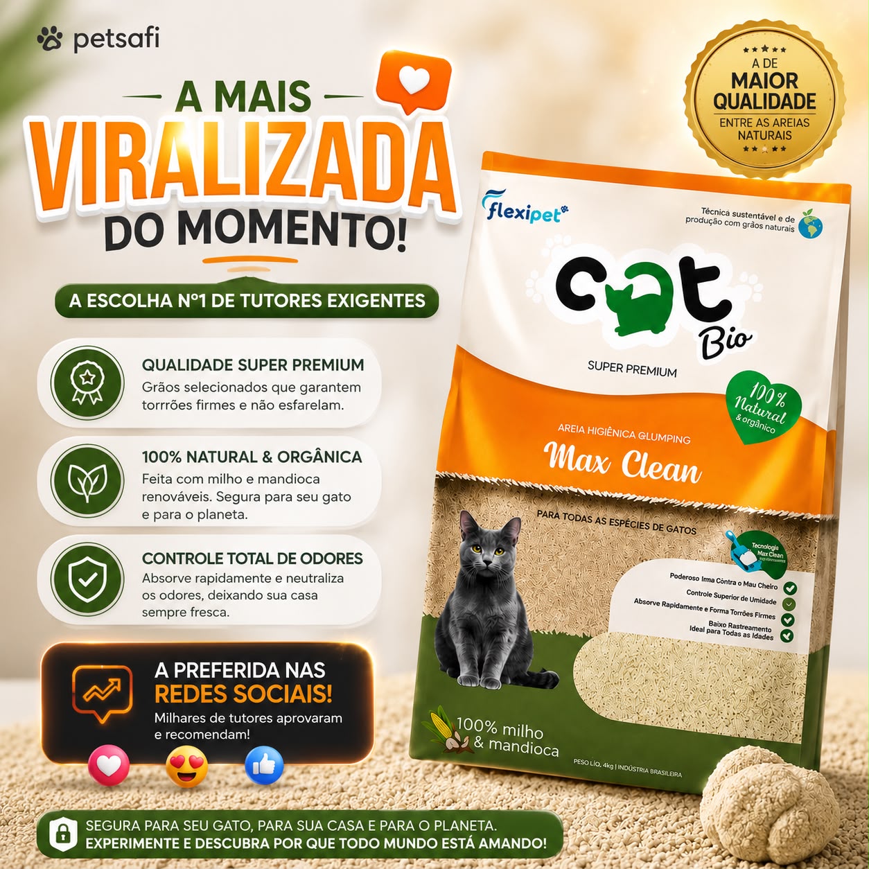 Areia Higiênica CatBio Max Clean para Gatos 4kg | 100% Natural Milho e Mandioca
